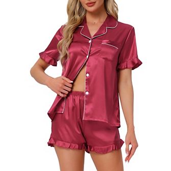 Women's Satin Pajamas Set Silky Short Sleeve Shorts Pjs Button Down Lingerie Ruffle Sleepwear