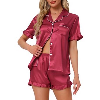 Women's Satin Pajamas Set Silky Short Sleeve Shorts Pjs Button Down Lingerie Ruffle Sleepwear