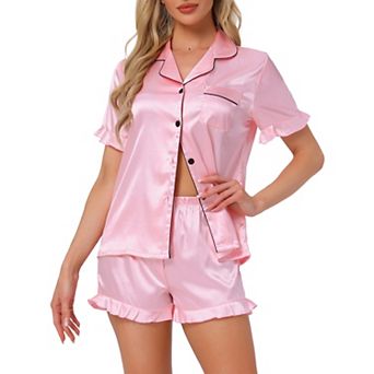 Women's Satin Pajamas Set Silky Short Sleeve Shorts Pjs Button Down Lingerie Ruffle Sleepwear