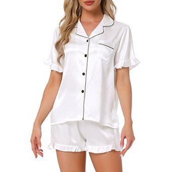 Women's Satin Pajamas Set Silky Short Sleeve Shorts Pjs Button Down Lingerie Ruffle Sleepwear
