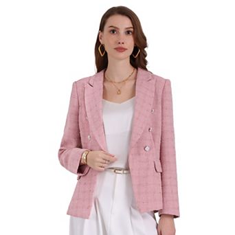 Women's Tweed Blazers Double Breasted Long Sleeve Office Work Jackets