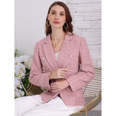 Women's Tweed Blazers Double Breasted Long Sleeve Office Work Jackets
