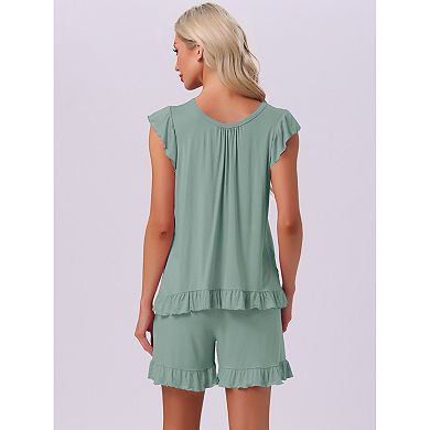 Women's Ruffle Trim Cap Sleeve Lounge Tops and Shorts 2 Piece Pjs Cute Sleepwear Pajama Sets