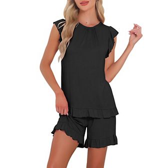 Women's Ruffle Trim Cap Sleeve Lounge Tops and Shorts 2 pc Pjs Cute Sleepwear Pajama Sets