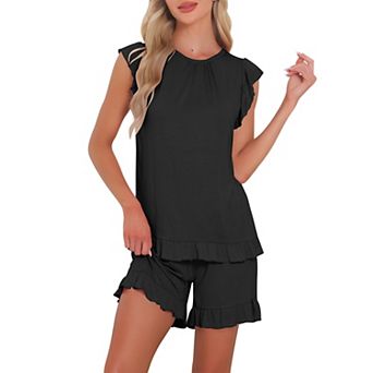 Women's Ruffle Trim Cap Sleeve Lounge Tops and Shorts 2 pc Pjs Cute Sleepwear Pajama Sets