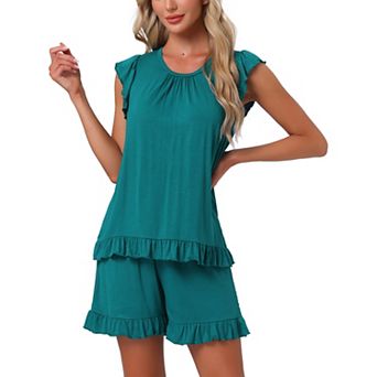 Women's Ruffle Trim Cap Sleeve Lounge Tops and Shorts 2 pc Pjs Cute Sleepwear Pajama Sets