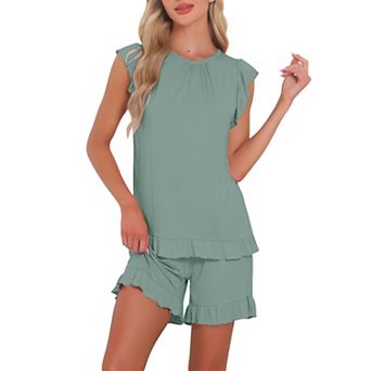 Women's Ruffle Trim Cap Sleeve Lounge Tops and Shorts 2 pc Pjs Cute Sleepwear Pajama Sets