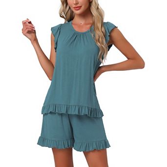 Women's Ruffle Trim Cap Sleeve Lounge Tops and Shorts 2 pc Pjs Cute Sleepwear Pajama Sets
