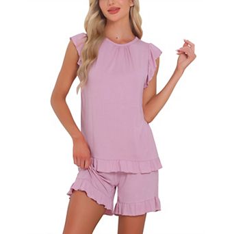 Women's Ruffle Trim Cap Sleeve Lounge Tops and Shorts 2 pc Pjs Cute Sleepwear Pajama Sets