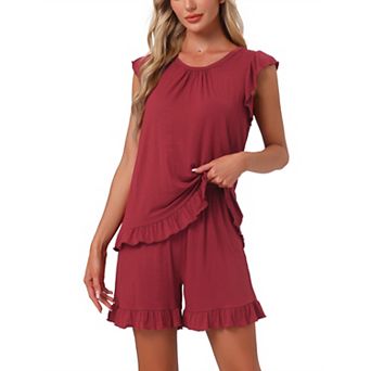 Women's Ruffle Trim Cap Sleeve Lounge Tops and Shorts 2 pc Pjs Cute Sleepwear Pajama Sets