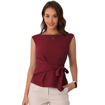 Tie Front Blouse for Women's Boat Neck Cap Sleeve Work Top
