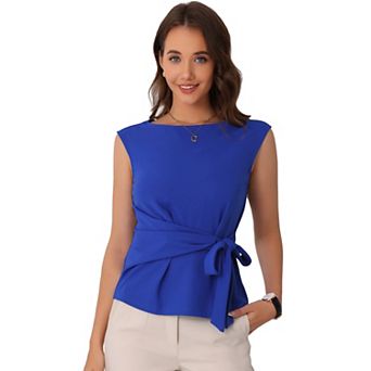 Tie Front Blouse for Women's Boat Neck Cap Sleeve Work Top