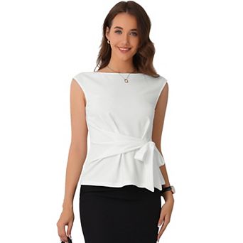 Tie Front Blouse for Women's Boat Neck Cap Sleeve Work Top