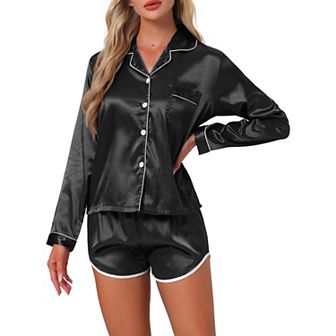 Women's Satin Pajamas Set Long Sleeve Button Down Top and Shorts 2 pc Silky Pjs Set