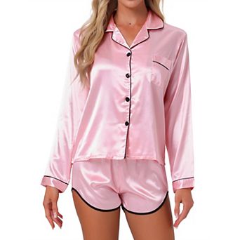 Women's Satin Pajamas Set Long Sleeve Button Down Top and Shorts 2 pc Silky Pjs Set