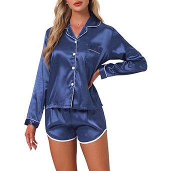 Women's Satin Pajamas Set Long Sleeve Button Down Top and Shorts 2 pc Silky Pjs Set