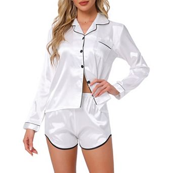 Women's Satin Pajamas Set Long Sleeve Button Down Top and Shorts 2 pc Silky Pjs Set