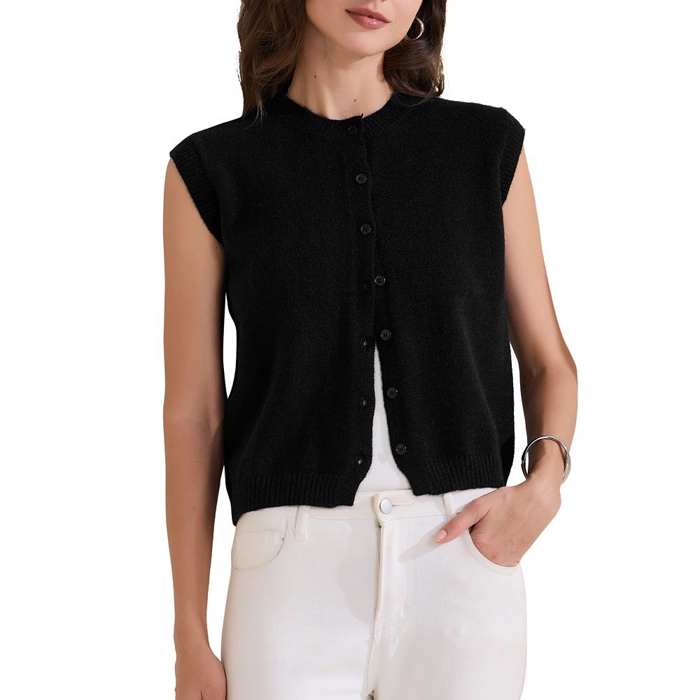 Women's Chunky Knit Sweater Vest | Sleeveless Cropped Cardigan With Pockets | V-Neck Button Down