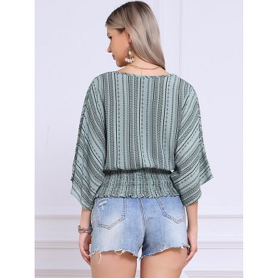 Tops for Women's Summer V Neck Boho Print Chiffon Cinched Waist Top Batwing Dolman Sleeve Blouses
