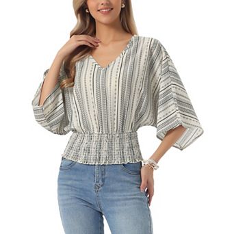 Tops for Women's Summer V Neck Boho Print Chiffon Cinched Waist Top Batwing Dolman Sleeve Blouses