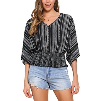 Tops for Women's Summer V Neck Boho Print Chiffon Cinched Waist Top Batwing Dolman Sleeve Blouses