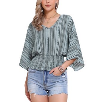 Tops for Women's Summer V Neck Boho Print Chiffon Cinched Waist Top Batwing Dolman Sleeve Blouses