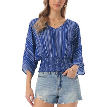 Tops for Women's Summer V Neck Boho Print Chiffon Cinched Waist Top Batwing Dolman Sleeve Blouses