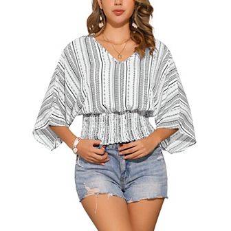 Tops for Women's Summer V Neck Boho Print Chiffon Cinched Waist Top Batwing Dolman Sleeve Blouses