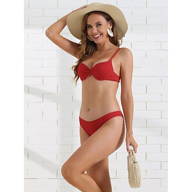 Women's Push Up Swimsuit Underwire Ruched Top, 2 Pieces High Cut Thong Bottoms Bikini Set
