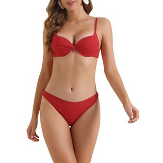 Women's Push Up Swimsuit Underwire Ruched Top, 2 pc High Cut Thong Bottoms Bikini Set
