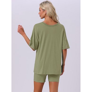 Women's Pajamas 2 Piece Oversized Workout Reversible Tracksuit T-Shirts Tops Biker Shorts Lounge Set