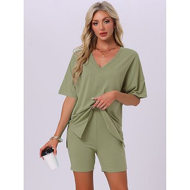Women's Pajamas 2 Piece Oversized Workout Reversible Tracksuit T-Shirts Tops Biker Shorts Lounge Set