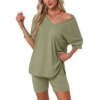 Women's Pajamas 2 pc Oversized Workout Reversible Tracksuit T-Shirts Tops Biker Shorts Lounge Set