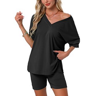 Women's Pajamas 2 pc Oversized Workout Reversible Tracksuit T-Shirts Tops Biker Shorts Lounge Set