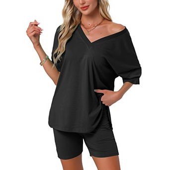 Women's Pajamas 2 pc Oversized Workout Reversible Tracksuit T-Shirts Tops Biker Shorts Lounge Set