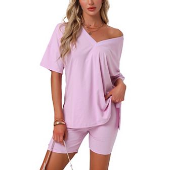 Women's Pajamas 2 pc Oversized Workout Reversible Tracksuit T-Shirts Tops Biker Shorts Lounge Set