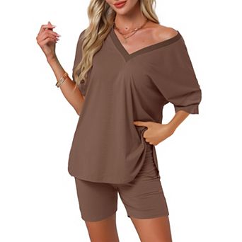 Women's Pajamas 2 pc Oversized Workout Reversible Tracksuit T-Shirts Tops Biker Shorts Lounge Set