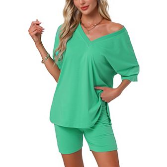 Women's Pajamas 2 pc Oversized Workout Reversible Tracksuit T-Shirts Tops Biker Shorts Lounge Set