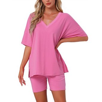 Women's Pajamas 2 pc Oversized Workout Reversible Tracksuit T-Shirts Tops Biker Shorts Lounge Set