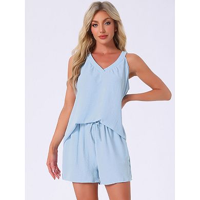 Women's 2 Piece Lounge Sets Pajama Halter V Neck Cami Pj Shorts Set with Pockets Sleeveless Outfits
