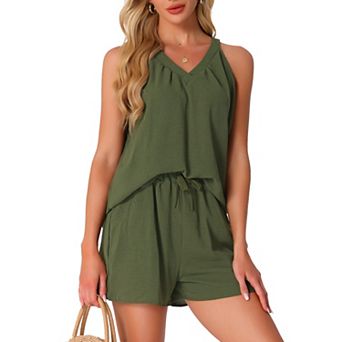 Women's 2 pc Lounge Sets Pajama Halter V Neck Cami Pj Shorts Set with Pockets Sleeveless Outfits