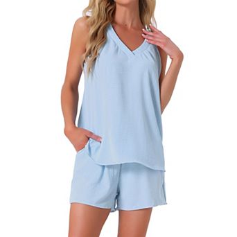 Women's 2 pc Lounge Sets Pajama Halter V Neck Cami Pj Shorts Set with Pockets Sleeveless Outfits