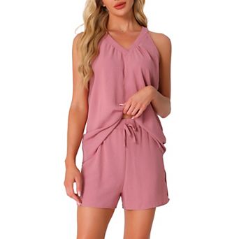 Women's 2 pc Lounge Sets Pajama Halter V Neck Cami Pj Shorts Set with Pockets Sleeveless Outfits