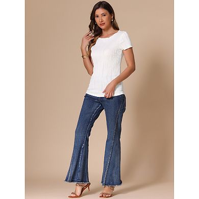 Short Sleeve Blouse for Women's Round Neck Textured Ribbed Knit Top