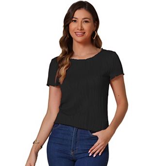 Short Sleeve Blouse for Women's Round Neck Textured Ribbed Knit Top