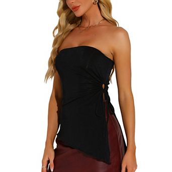 Strapless Top for Women's Drawstring Ruched Asymmetrical Ruffle Hem Bandeau Tops