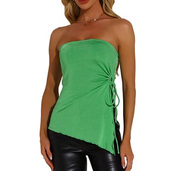 Strapless Top for Women's Drawstring Ruched Asymmetrical Ruffle Hem Bandeau Tops
