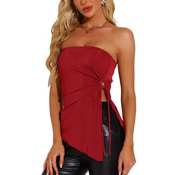 Strapless Top for Women's Drawstring Ruched Asymmetrical Ruffle Hem Bandeau Tops