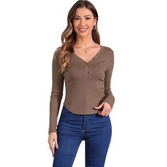 Women's V Neck Button Tops Long Sleeve Fitted Ribbed Knit Henley Shirts