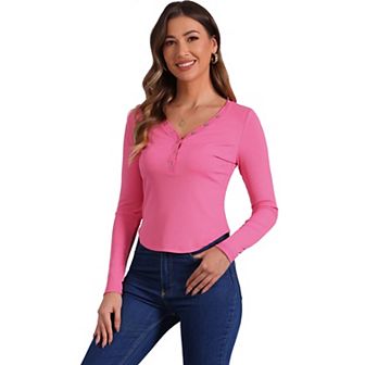 Women's V Neck Button Tops Long Sleeve Fitted Ribbed Knit Henley Shirts